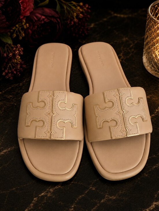 Tory Burch Shoes - NEW Tory Burch Double T Sport Slide Sandals Dulce De Leche Gold Cream